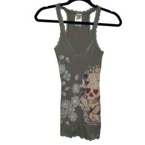 Ed Hardy vintage Y2K 00s Lace Trim Patterned Ribbed Fitted Tank Women’s size XS